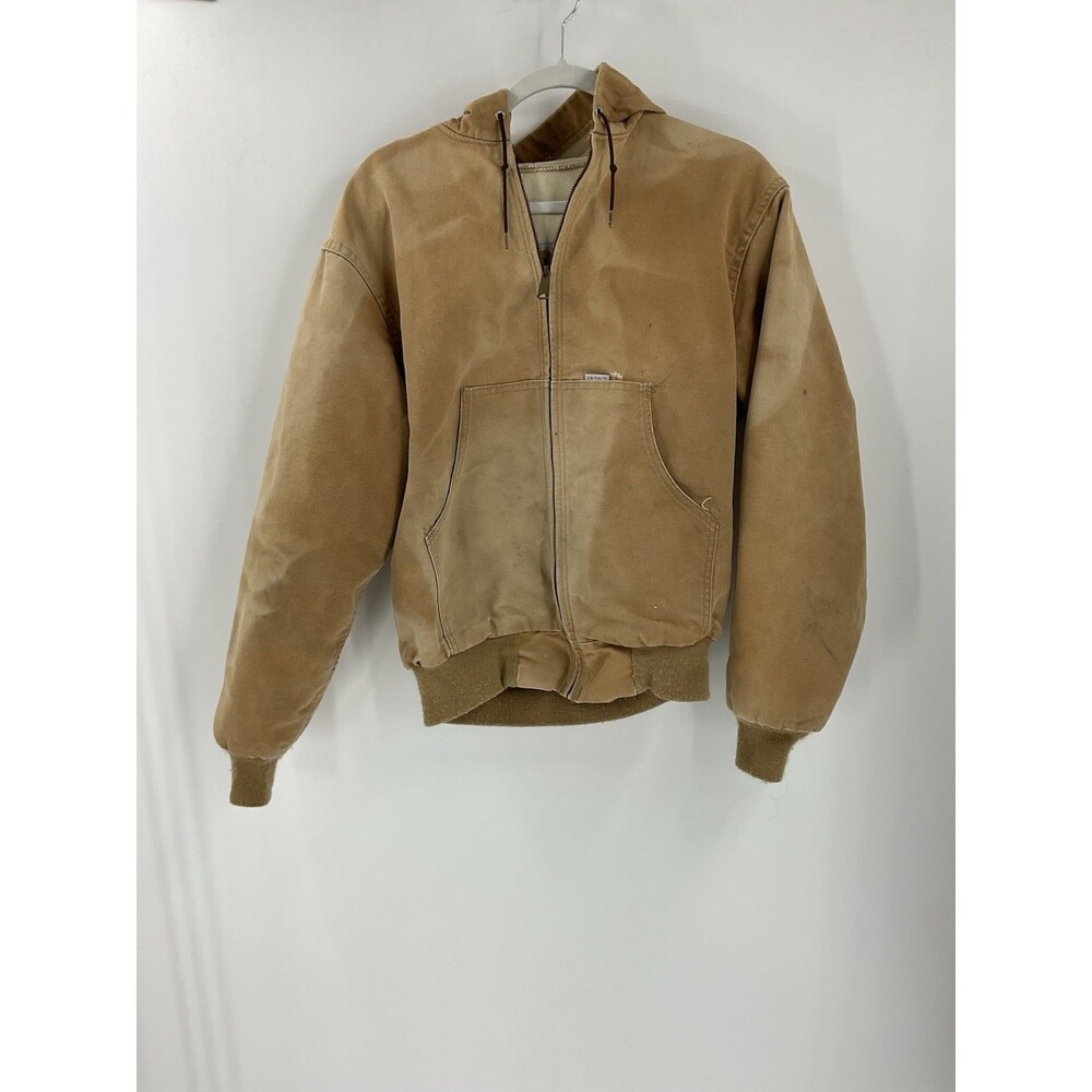 Vtg 90s Carhartt JR106 Adult Large Lined Hooded Canvas Jacket Distressed Stains